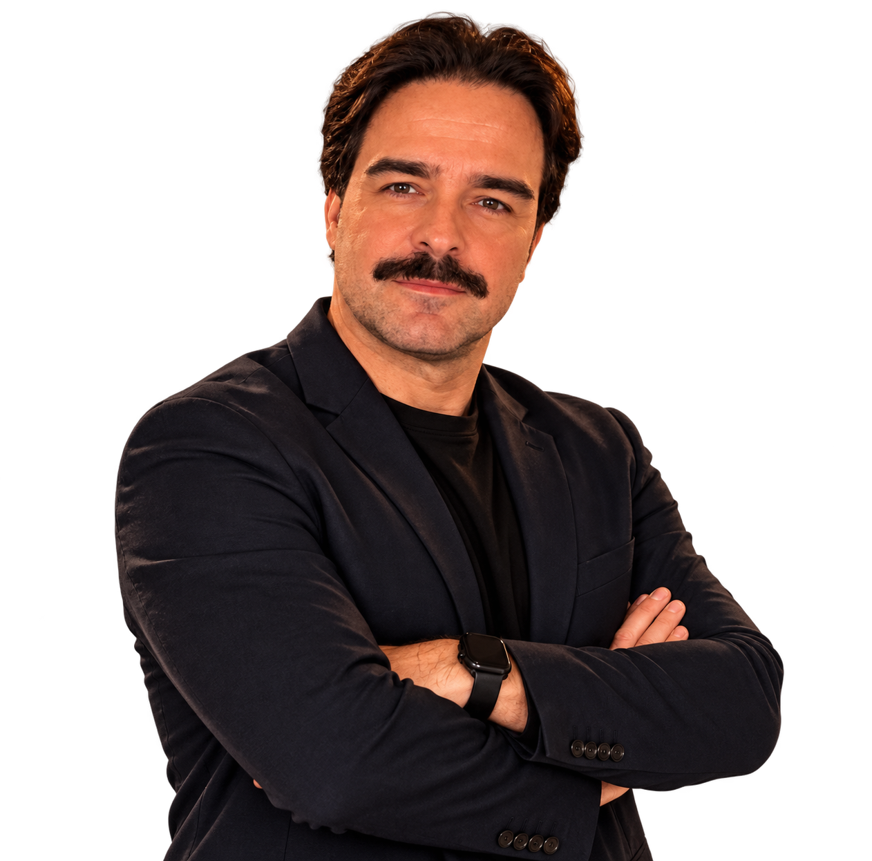 Everton, de braços cruzados, usando blazer preto